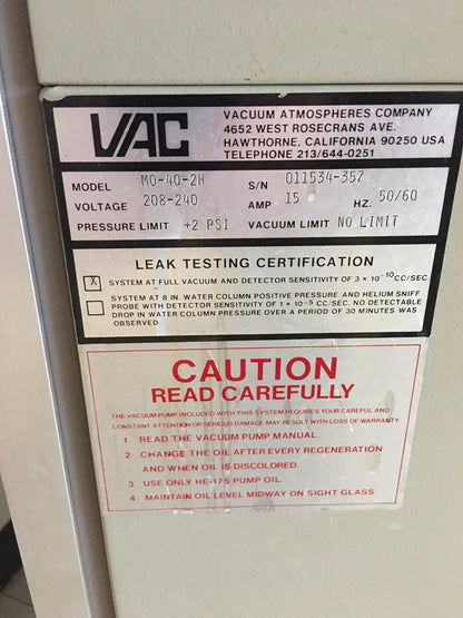 VAC HE-553-2 VACUUM ATMOSPHERES GLOVE BOX DRI-LAB M0-40-2H PUMP PURIFIER FREESHP