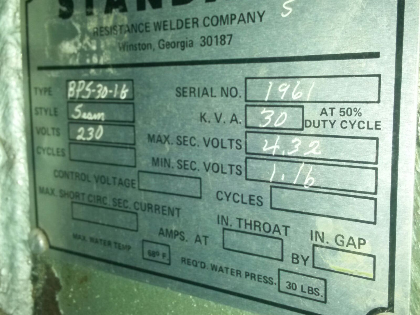 STANDARD LONGITUDINAL SEAM / ROLL - 30 K.V.A. SPOT WELDER