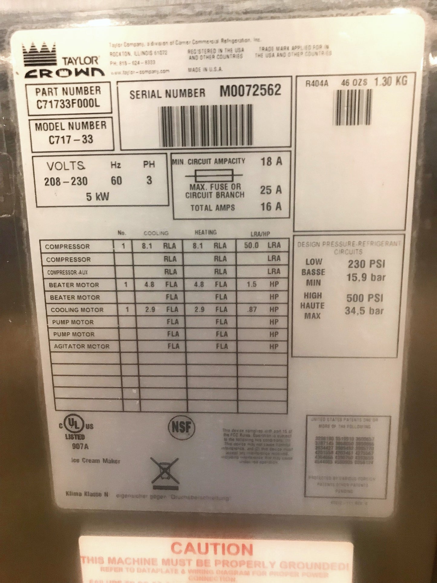 TAYLOR CROWN C717‑33 YOGURT ICE CREAM SHAKE SOFT FREEZER WHEELS MANUAL FREE SHIP