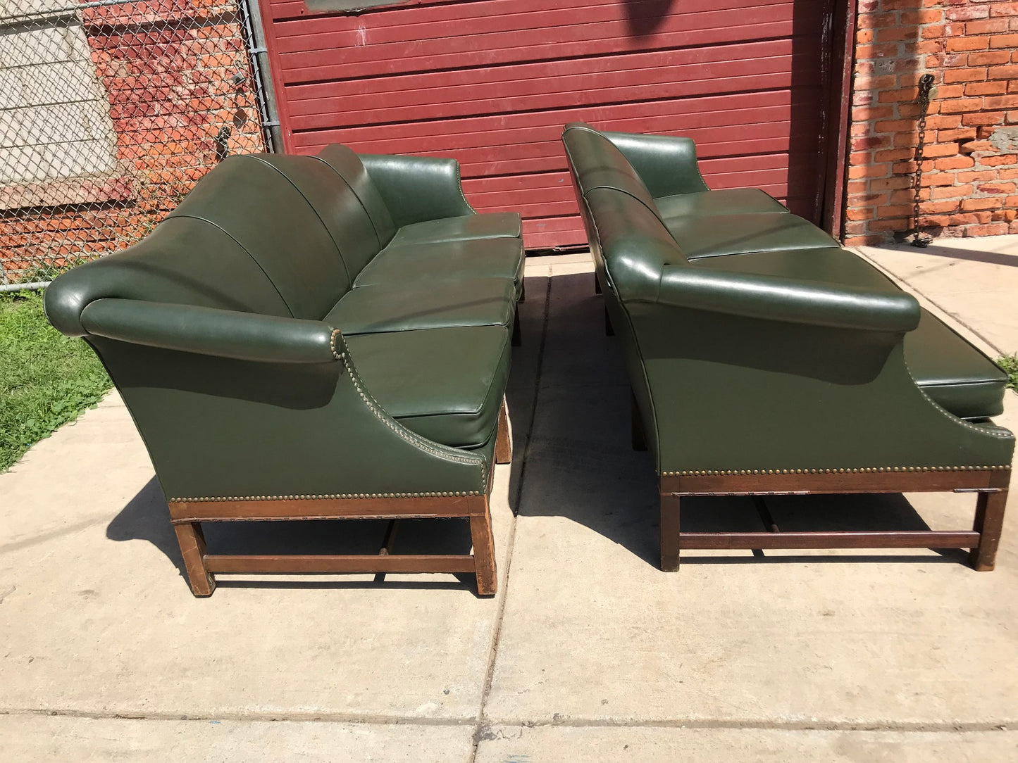 PAIR RARE 1930s VINTAGE GREEN 4 SEAT SOFAs COUCH 99"LONG x 37"H x 30"D FREE SHIP