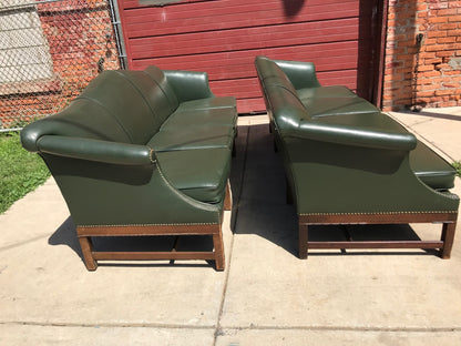 PAIR RARE 1930s VINTAGE GREEN 4 SEAT SOFAs COUCH 99"LONG x 37"H x 30"D FREE SHIP
