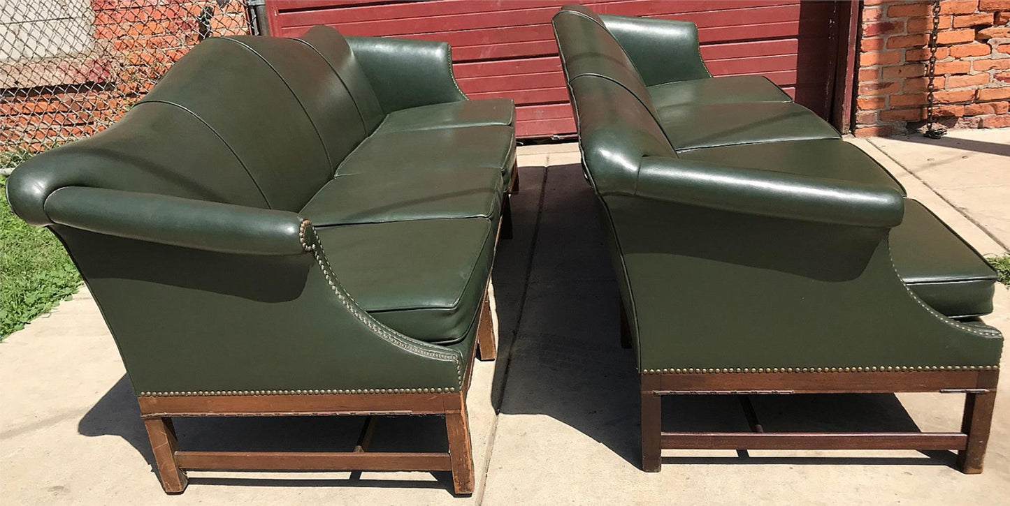 PAIR RARE 1930s VINTAGE GREEN 4 SEAT SOFAs COUCH 99"LONG x 37"H x 30"D FREE SHIP