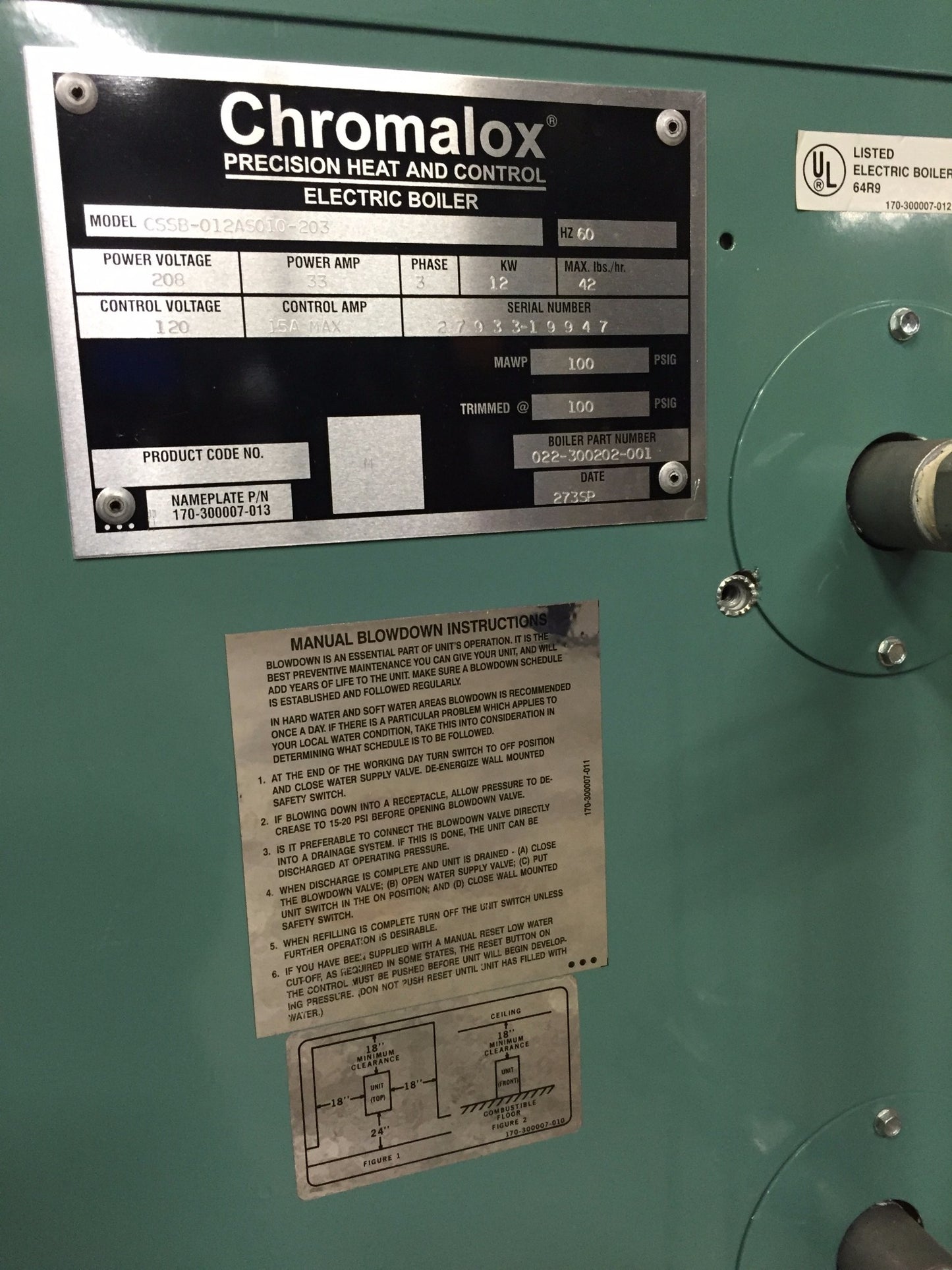 New CHROMALOX Hot Oil or Water Boiler 12 KW SUSSMAN SSB12 ELECTRIC STEAM BOILER