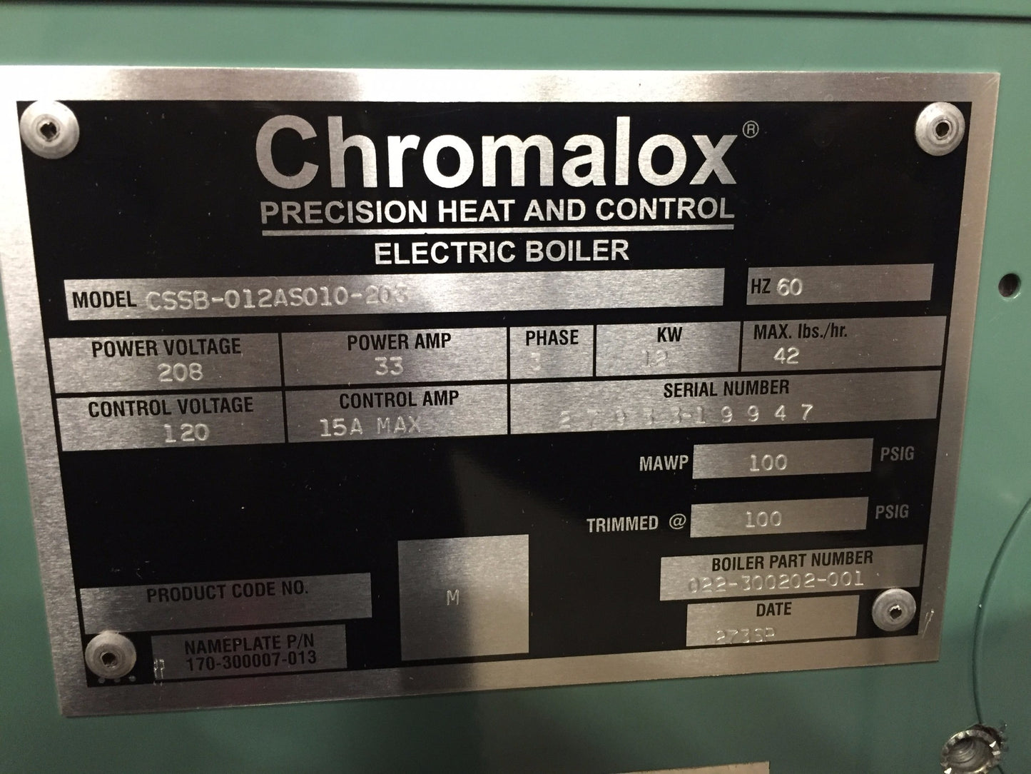 New CHROMALOX Hot Oil or Water Boiler 12 KW SUSSMAN SSB12 ELECTRIC STEAM BOILER
