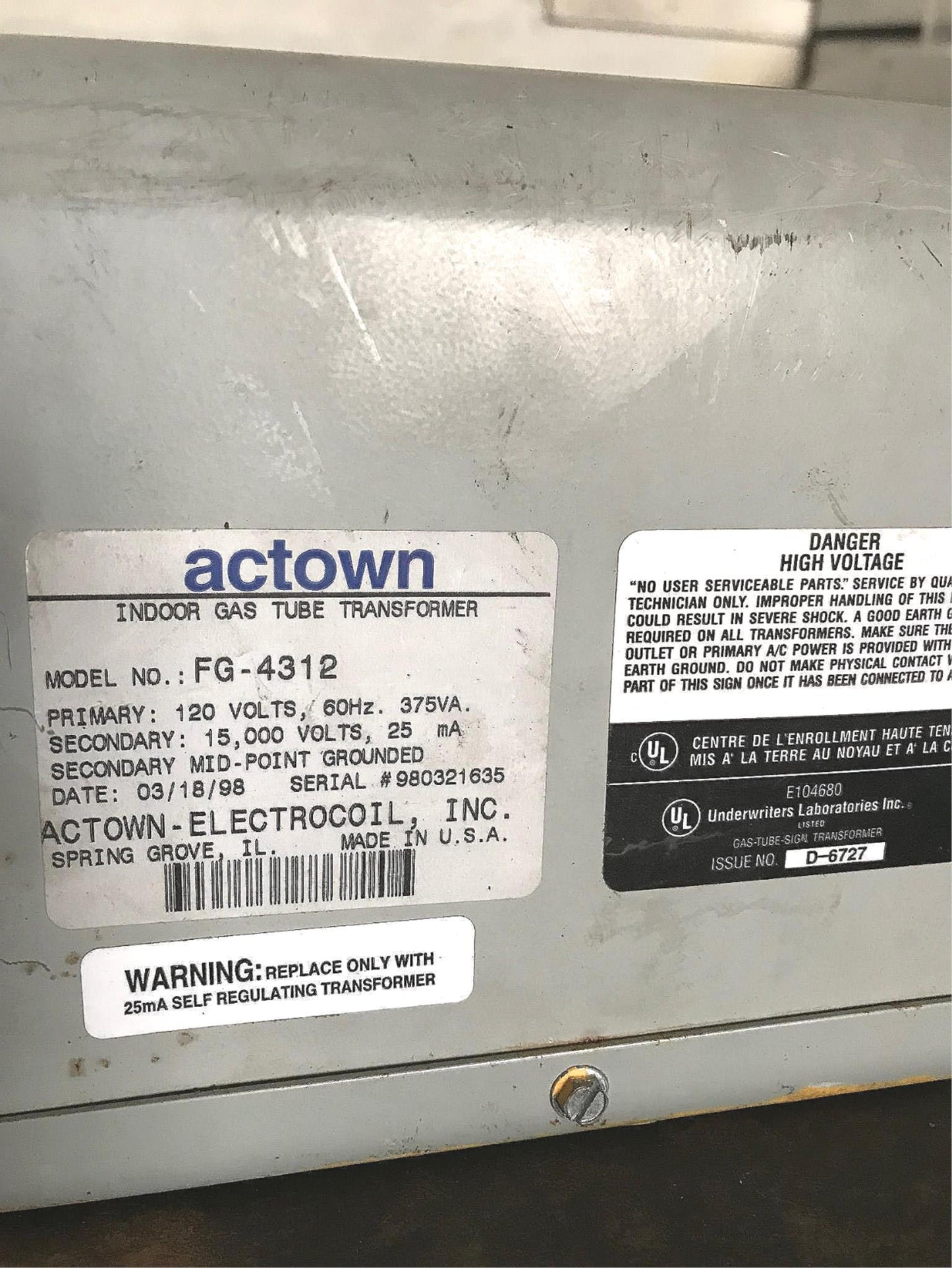 ACTOWN 15,000v Secondary INDOOR GAS TUBE TRANSFORMER MODEL FG-418 FREE SHIPPING