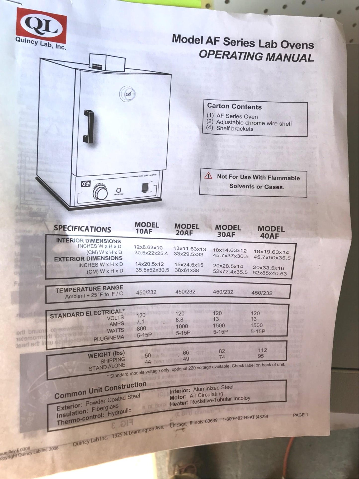 QUINCY LAB 10AF OVEN AIR FORCED 'AF' LAB OVEN & MANUAL GUARANTEED WORKS FREESHIP