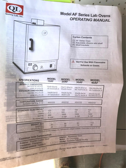 QUINCY LAB 10AF OVEN AIR FORCED 'AF' LAB OVEN & MANUAL GUARANTEED WORKS FREESHIP