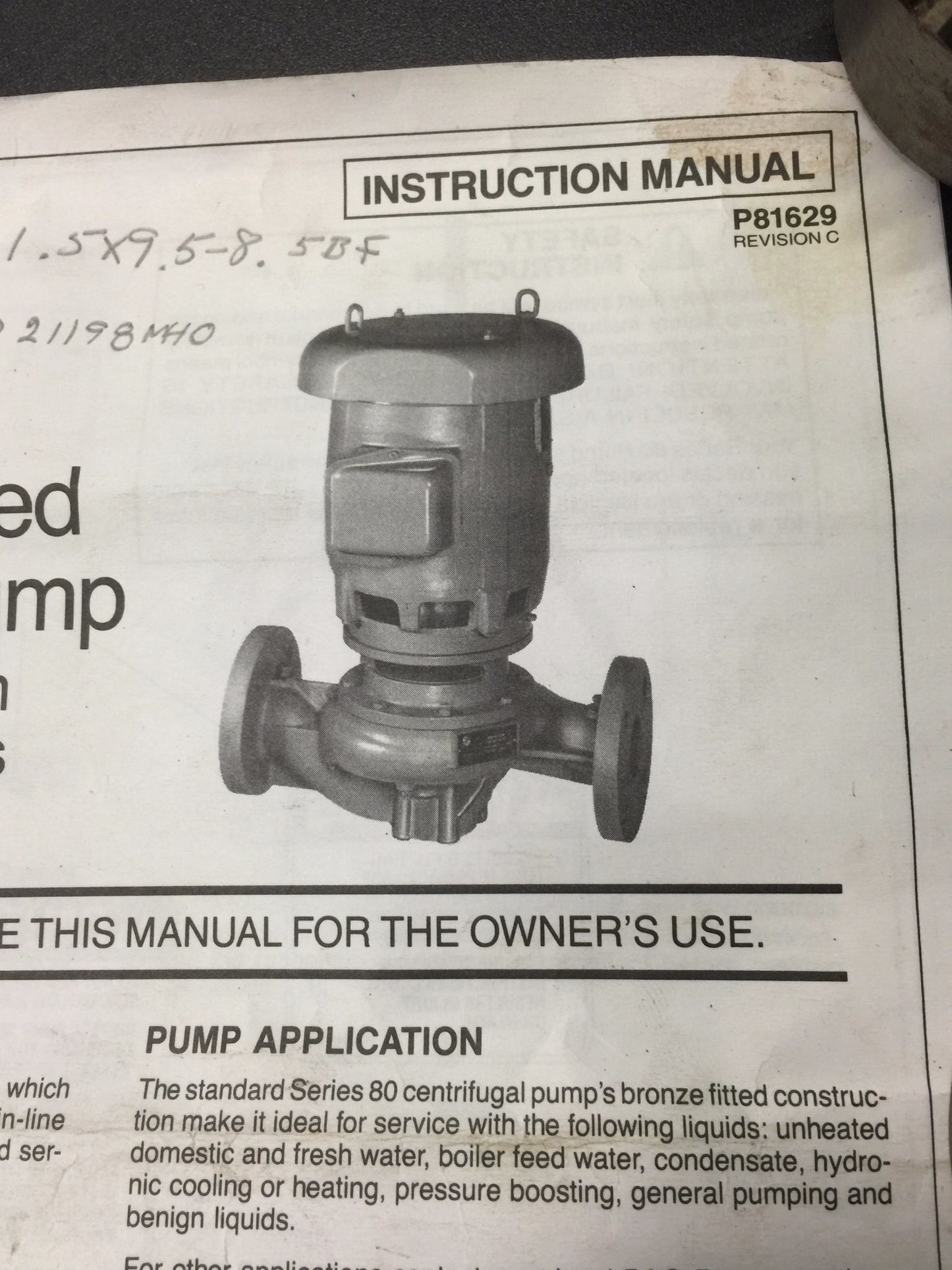 BELL & GOSSETT SERIES 80 IN-LINE MOUNTED CENTRIFUGAL PUMP 3PH R L DEPPMANN 80-1