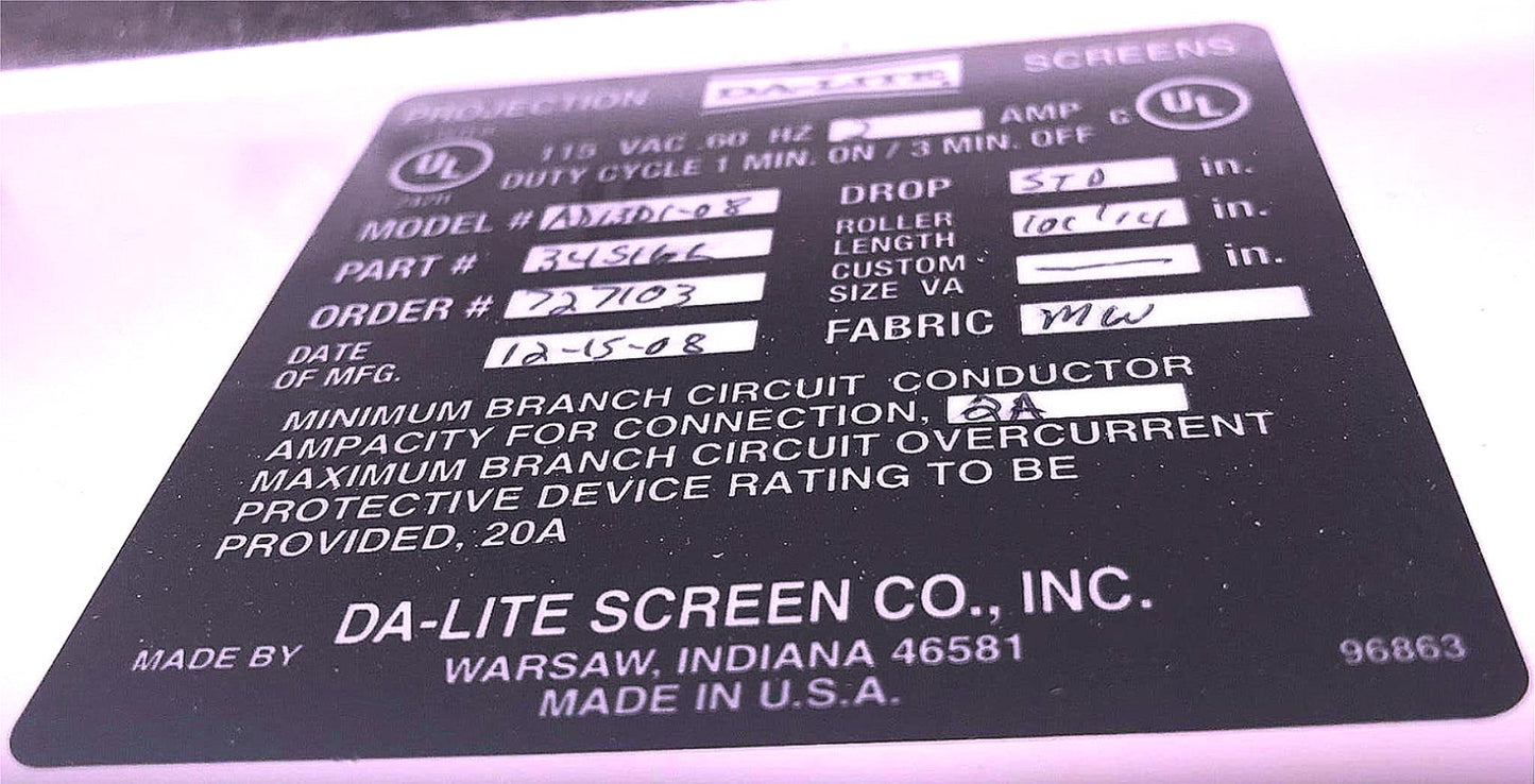 DA-LITE ADVANTAGE DELUXE ELECTROL 101" wide RECESSED PROJECTION MOTORIZED SCREEN