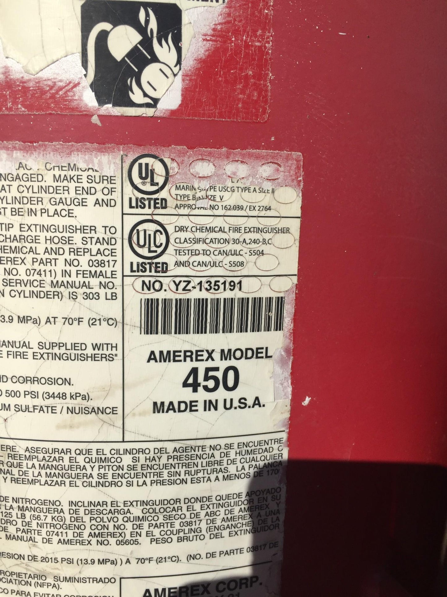 AMEREX MODEL450 NITROGEN CYLINDER ABC DRY CHEMICAL FIRE EXTINGUISHER ON WHEELS