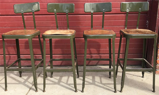 VINTAGE SET 4 GREEN LYON STOOL PRESSED DOVE GRAY WOOD STEEL ADJUST BACK FREESHIP