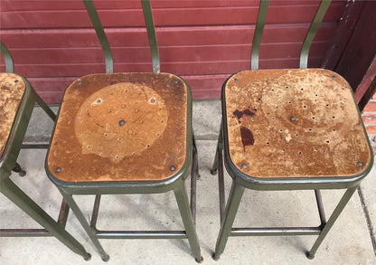 VINTAGE SET 4 GREEN LYON STOOL PRESSED DOVE GRAY WOOD STEEL ADJUST BACK FREESHIP