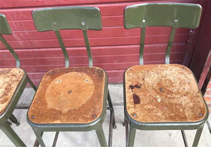 VINTAGE SET 4 GREEN LYON STOOL PRESSED DOVE GRAY WOOD STEEL ADJUST BACK FREESHIP