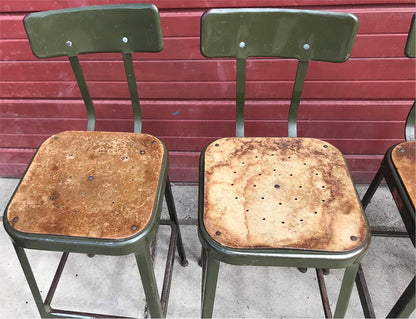 VINTAGE SET 4 GREEN LYON STOOL PRESSED DOVE GRAY WOOD STEEL ADJUST BACK FREESHIP