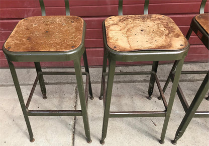 VINTAGE SET 4 GREEN LYON STOOL PRESSED DOVE GRAY WOOD STEEL ADJUST BACK FREESHIP