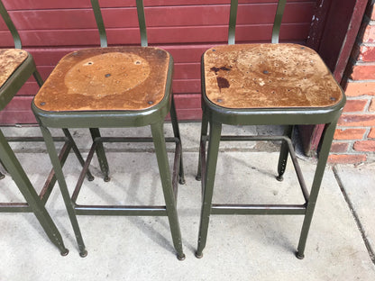 VINTAGE SET 4 GREEN LYON STOOL PRESSED DOVE GRAY WOOD STEEL ADJUST BACK FREESHIP