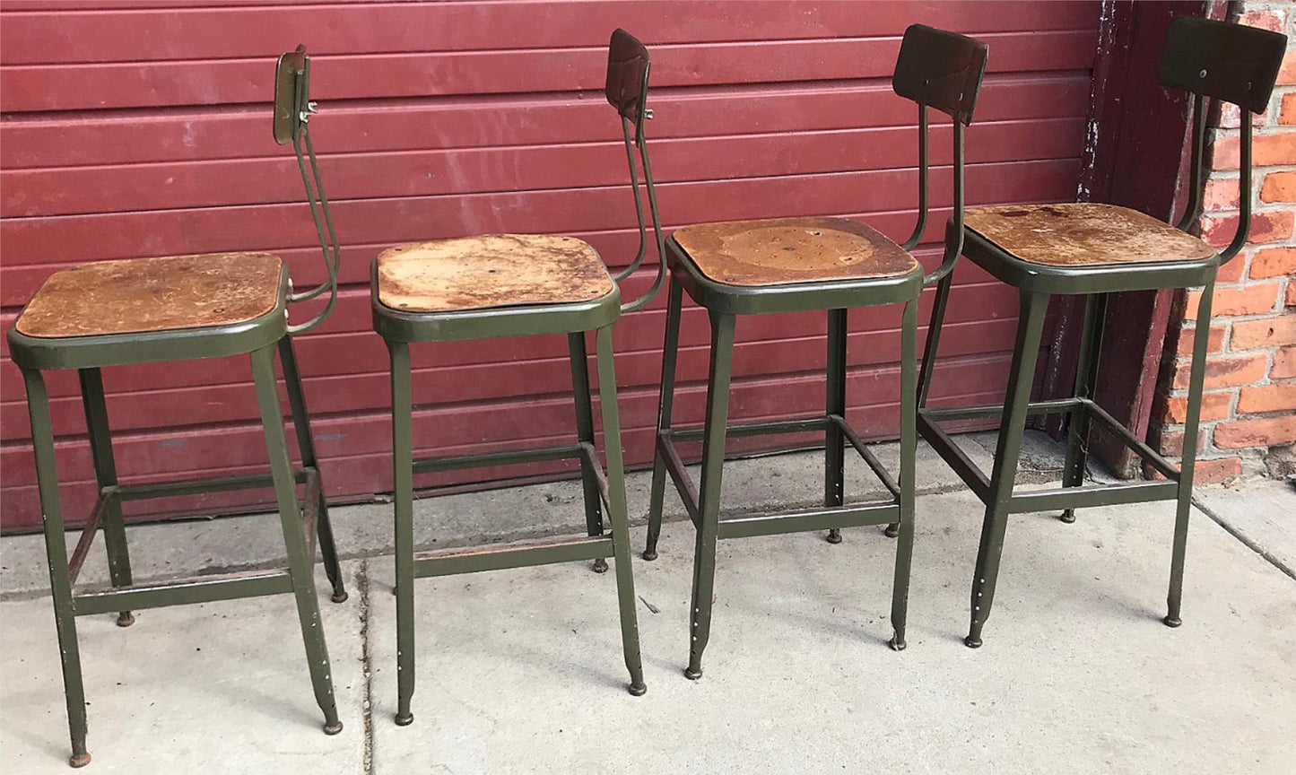 VINTAGE SET 4 GREEN LYON STOOL PRESSED DOVE GRAY WOOD STEEL ADJUST BACK FREESHIP