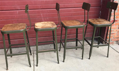VINTAGE SET 4 GREEN LYON STOOL PRESSED DOVE GRAY WOOD STEEL ADJUST BACK FREESHIP