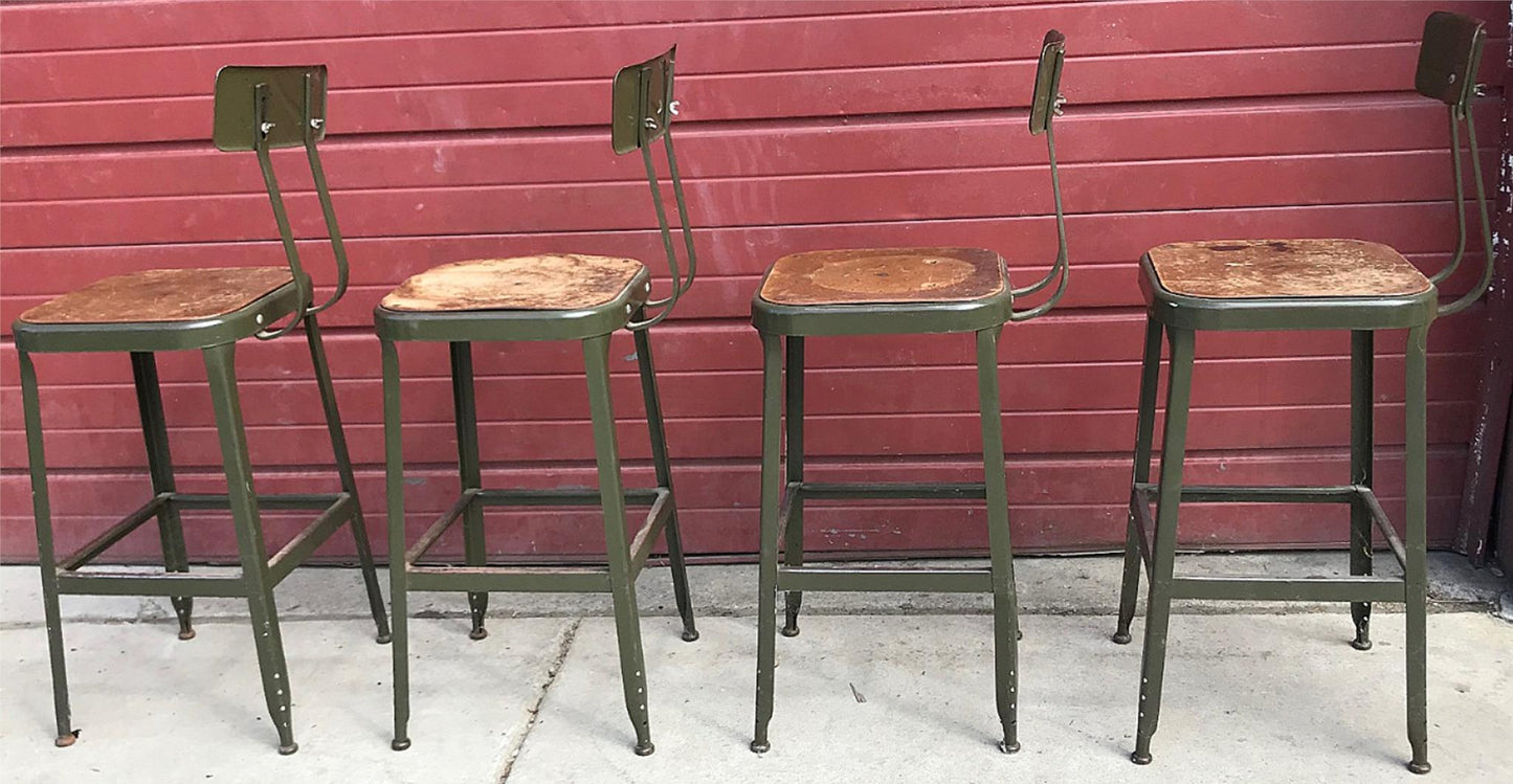 VINTAGE SET 4 GREEN LYON STOOL PRESSED DOVE GRAY WOOD STEEL ADJUST BACK FREESHIP