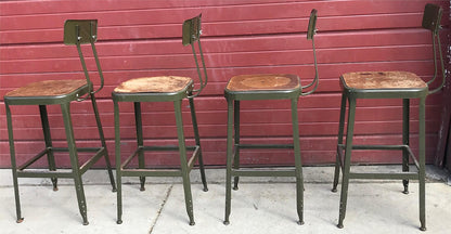VINTAGE SET 4 GREEN LYON STOOL PRESSED DOVE GRAY WOOD STEEL ADJUST BACK FREESHIP