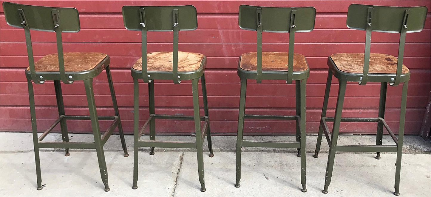 VINTAGE SET 4 GREEN LYON STOOL PRESSED DOVE GRAY WOOD STEEL ADJUST BACK FREESHIP