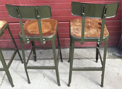 VINTAGE SET 4 GREEN LYON STOOL PRESSED DOVE GRAY WOOD STEEL ADJUST BACK FREESHIP