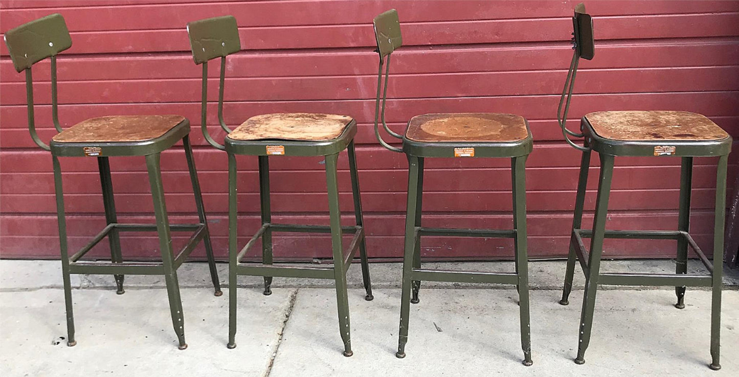 VINTAGE SET 4 GREEN LYON STOOL PRESSED DOVE GRAY WOOD STEEL ADJUST BACK FREESHIP
