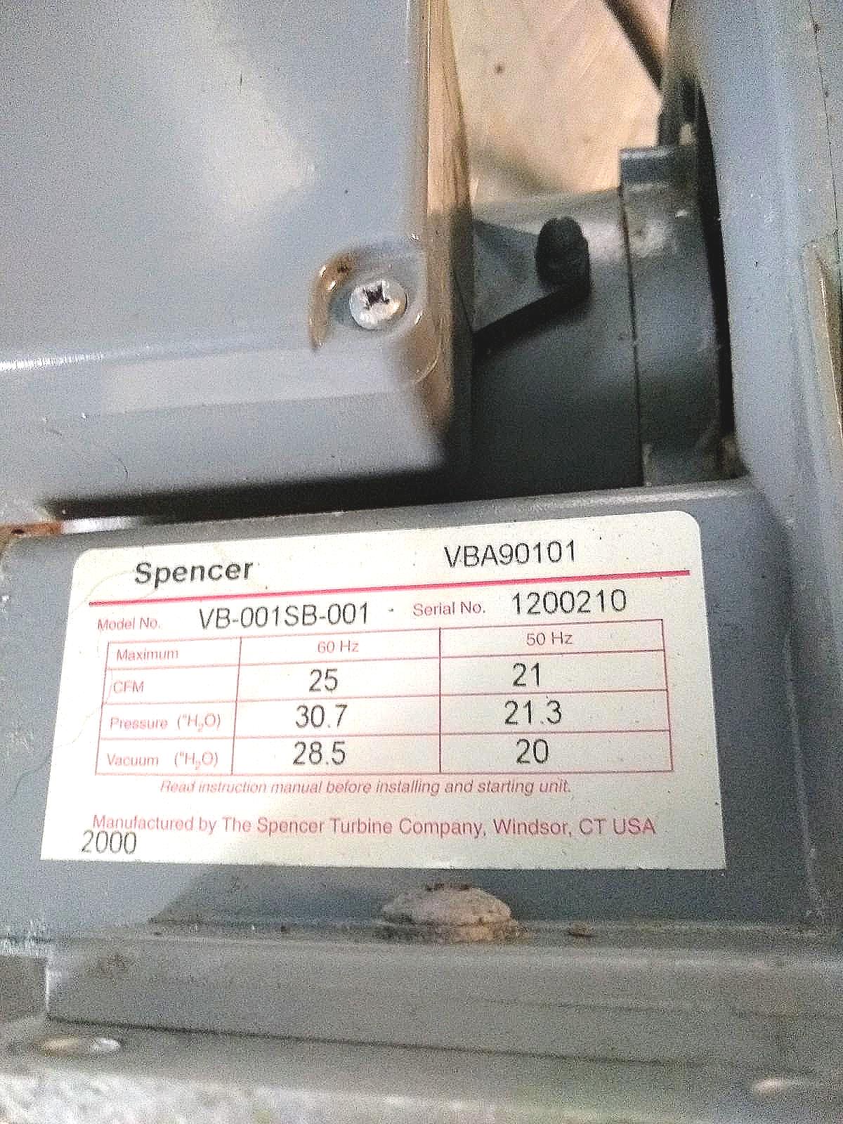 SPENCER VB-001SB-001 VBA90101 VORTEX REGENERATIVE BLOWER 90DayWarranty FREE SHIP