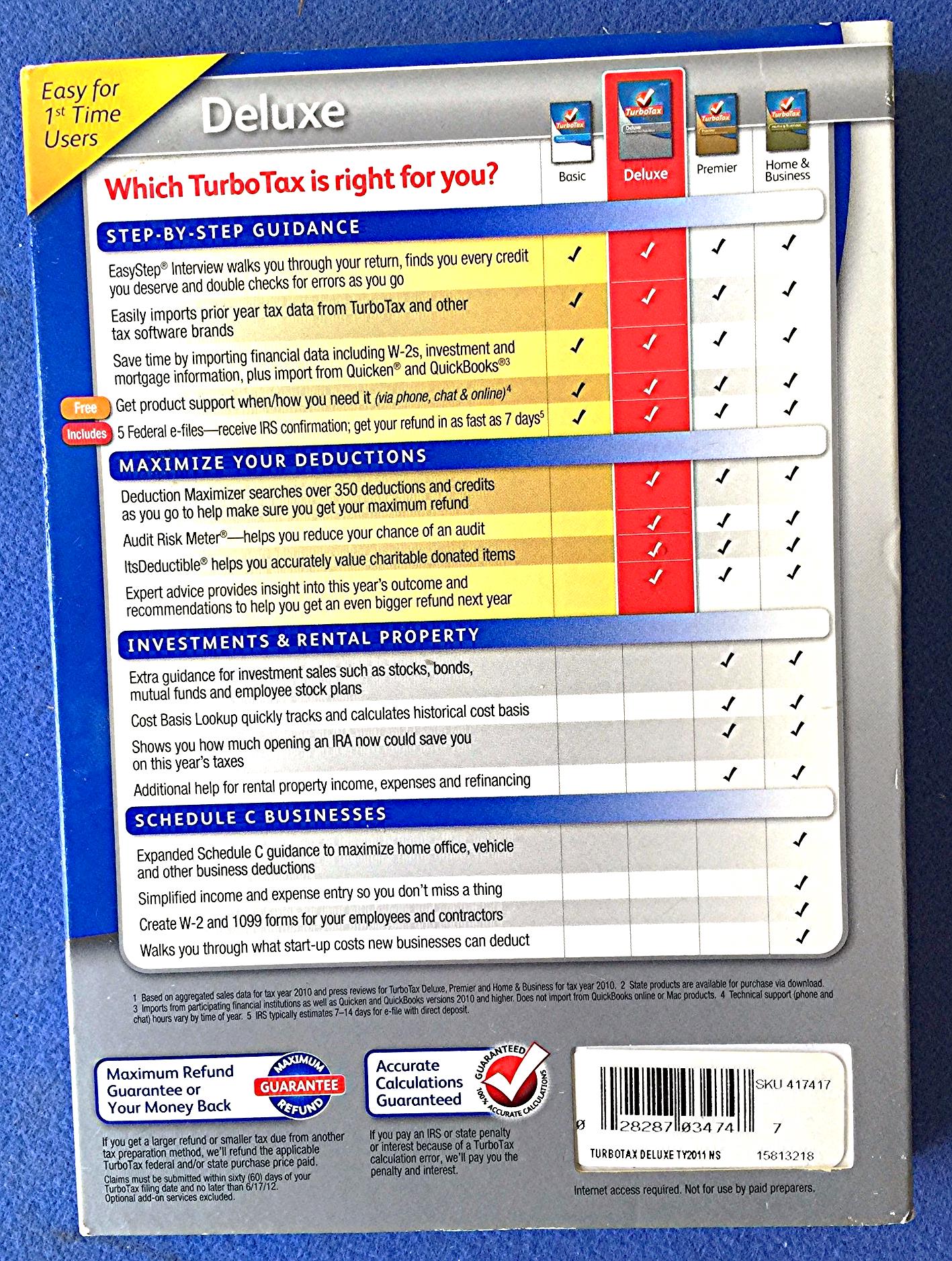 BRAND NEW INSIDE SEALED BOX 2011 TURBOTAX DELUXE FEDERAL RETURNS PLUS E-File