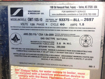 SOUTHBEND GMT-10S-10 TWO 10 QUART KETTLE GAS STEAMER BOILER TILT JACKET STEAM