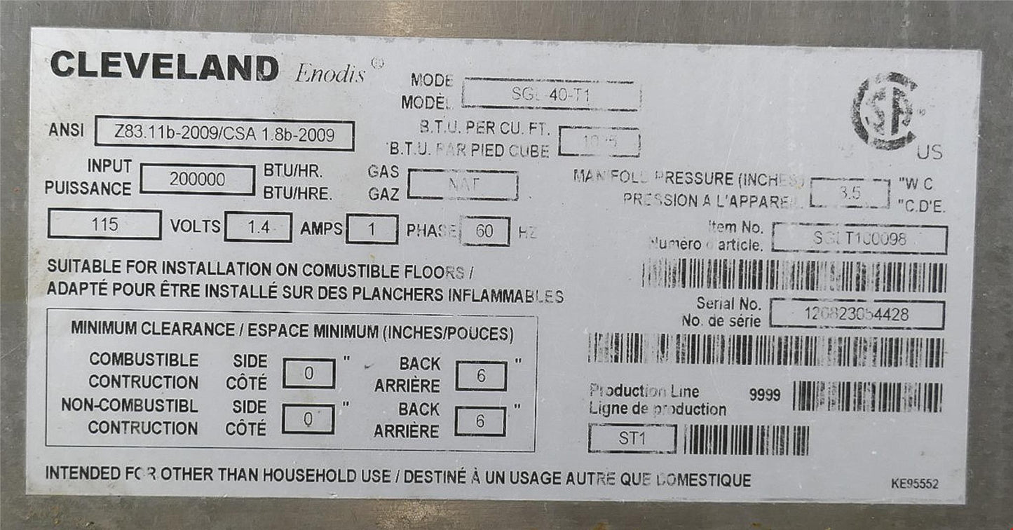 CLEVELAND SGL-40-T1 40 GALLON TILT SKILLET BRAISING PAN NATURAL GAS FREE SHIP