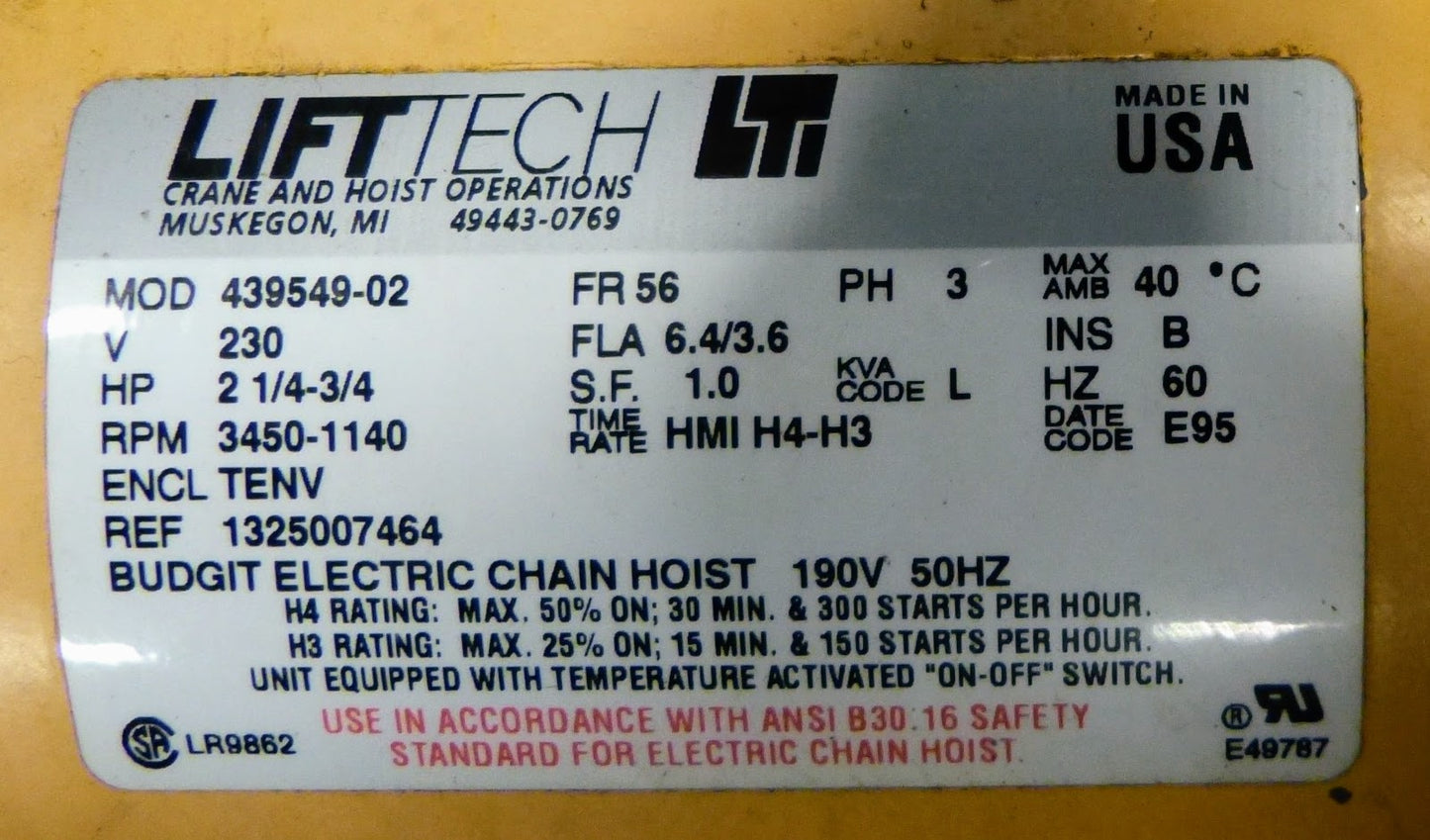 YALE BUDGIT MAN-GUARD 3-PHASE 3TON CHAIN HOIST PUSH TROLLEY MOUNT FREE SHIPPING