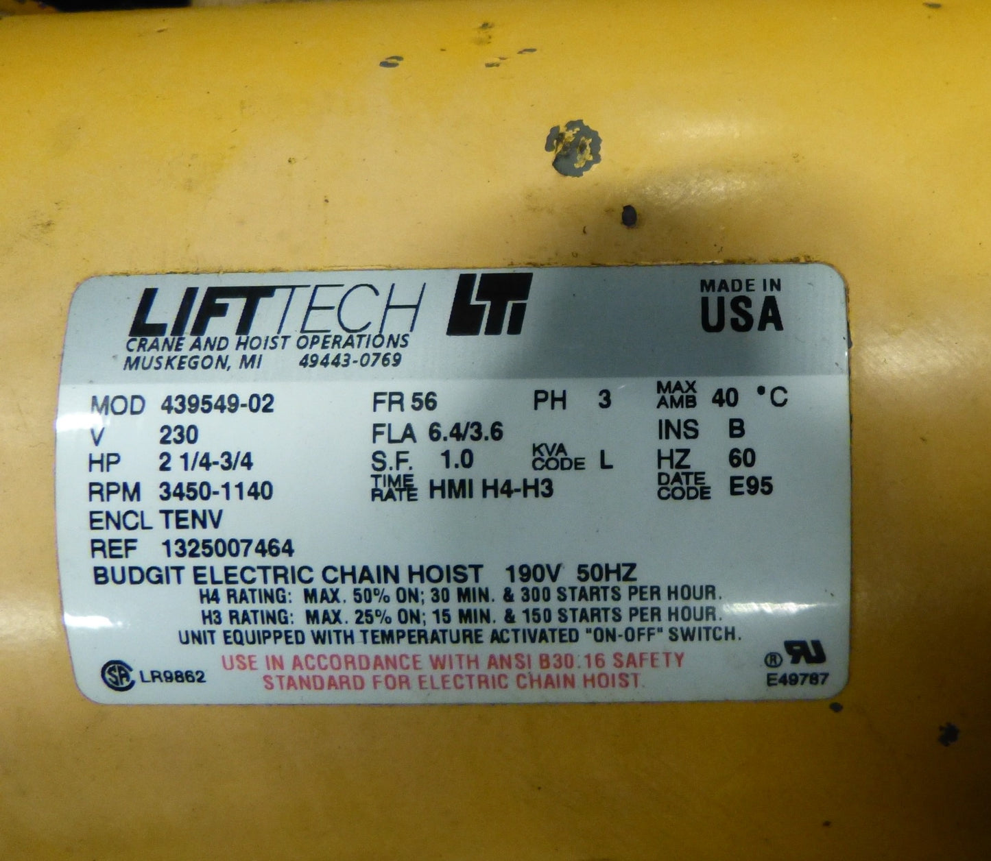 YALE BUDGIT MAN-GUARD 3-PHASE 3TON CHAIN HOIST PUSH TROLLEY MOUNT FREE SHIPPING