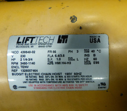 YALE BUDGIT MAN-GUARD 3-PHASE 3TON CHAIN HOIST PUSH TROLLEY MOUNT FREE SHIPPING