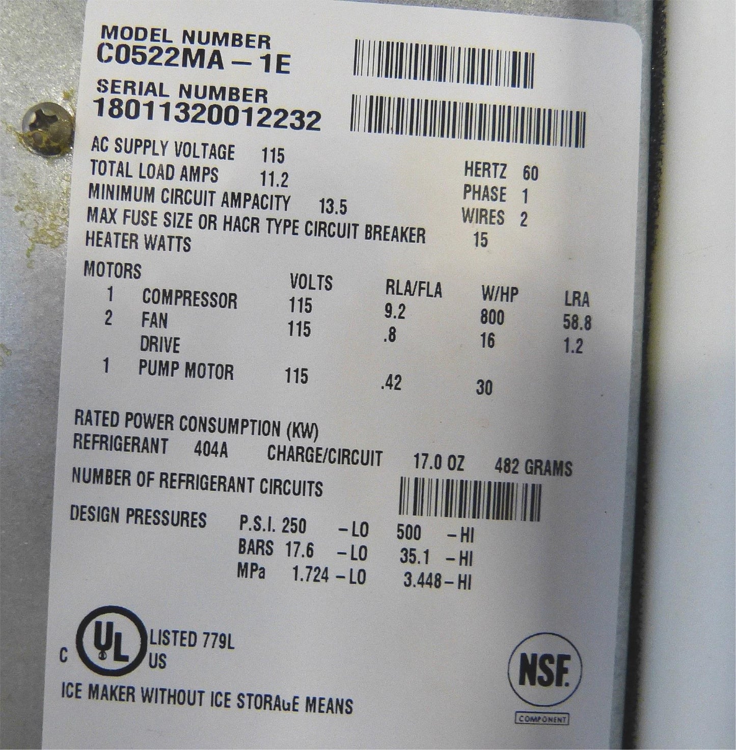 SCOTSMAN 500lbsDay Prodigy Series C0522MA AIR COOL ICE MACHINE with BIN FREESHIP