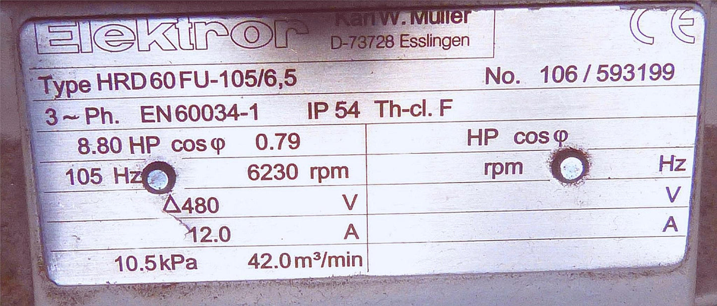 ELEKTROR HRD60-FU 105/6.5 HIGH PRESSURE BLOWER 3PHASE Baldor Motor CART FREESHIP