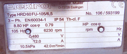 ELEKTROR HRD60-FU 105/6.5 HIGH PRESSURE BLOWER 3PHASE Baldor Motor CART FREESHIP
