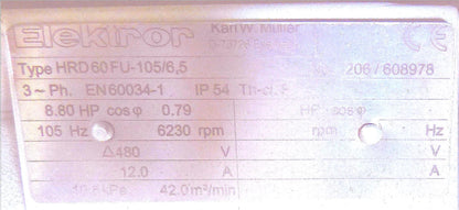 ELEKTROR HRD60-FU 105/6.5 HIGH PRESSURE BLOWER 3PHASE Baldor Motor CART FREESHIP