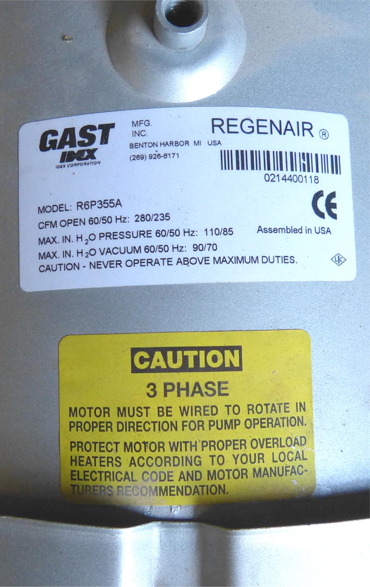 GAST IMX R6P355A REGENAIR 3 PHASE REGENERATIVE BLOWER MOTOR FREE SHIP