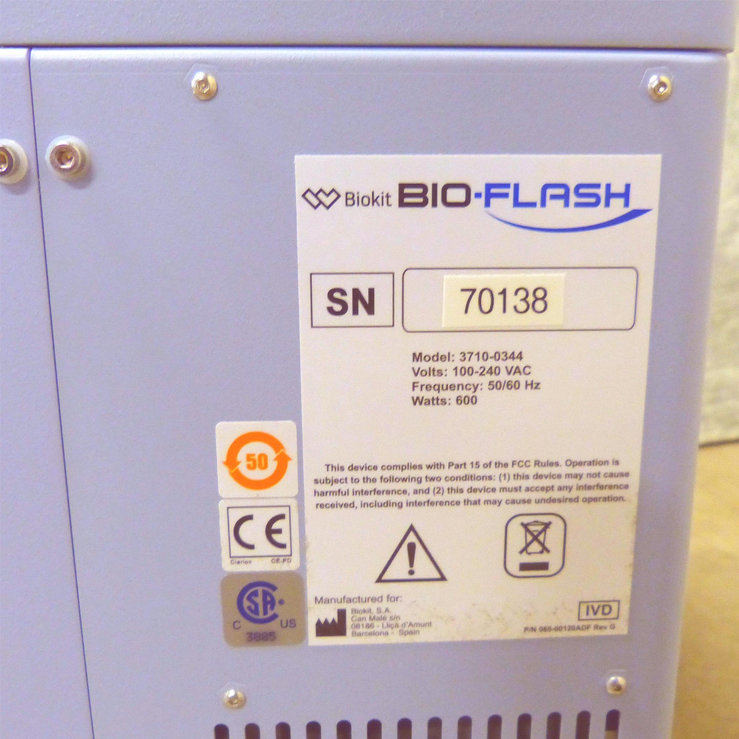 BIOKIT BIO-FLASH 3710-0344 RAPID RESPONSE CHEMILUMINESCENT IMMUNOASSAY ANALYZER