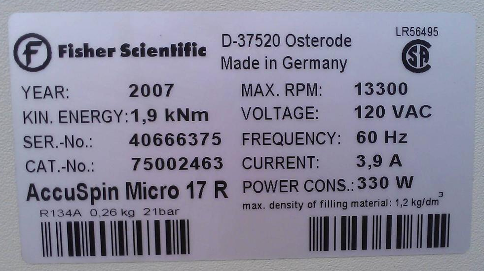 FISHER SCIENTIFIC ACCUSPIN MICRO 17R CENTRIFUGE with 24 x 1.5/2.0mL ROTOR