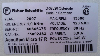 FISHER SCIENTIFIC ACCUSPIN MICRO 17R CENTRIFUGE with 24 x 1.5/2.0mL ROTOR