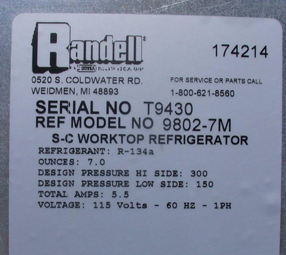 RANDELL 9802-7M S-C WORKTOP REFRIGERATOR with 3 BACKSPLASH SIDES