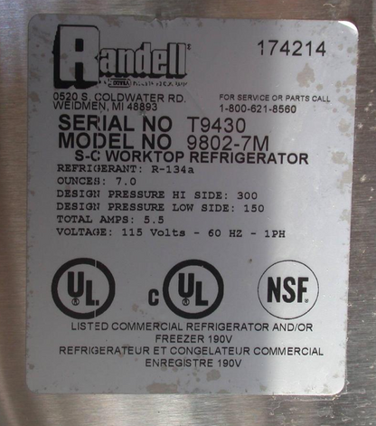 RANDELL 9802-7M S-C WORKTOP REFRIGERATOR with 3 BACKSPLASH SIDES