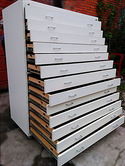 13 DRAWER WOODEN MAP FILE WHITE FORMICA BLUEPRINT ART SUPPLY CABINET WHEEL 44x22