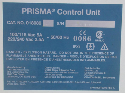 GAMBRO HEALTHCARE PRISMA CONTROL UNIT CRRT-TPE 2000 EXTRA HEMODIALYSIS MACHINE