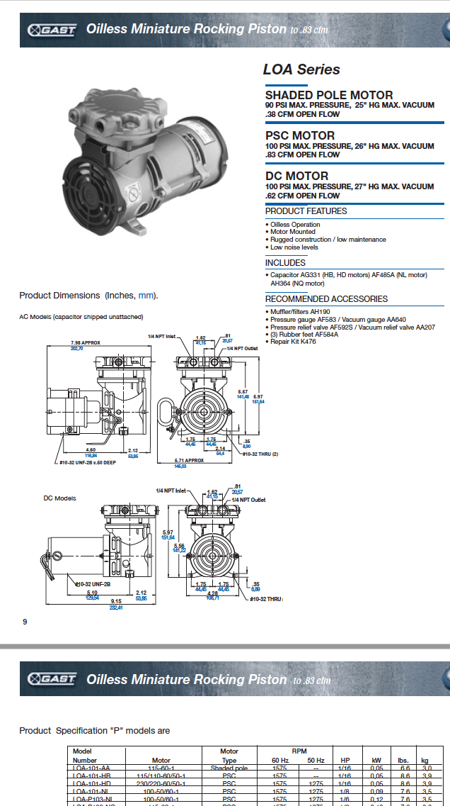 GAST LOA-P103-HD OIL LESS ROCKING PISTON .83cfm VACUUM PUMP newoutbox FREESHIP