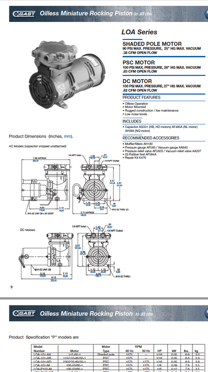 NEW GAST 220Volt LOA-P103-HD OIL LESS ROCKING PISTON .83cfm VACUUM PUMP FREESHIP