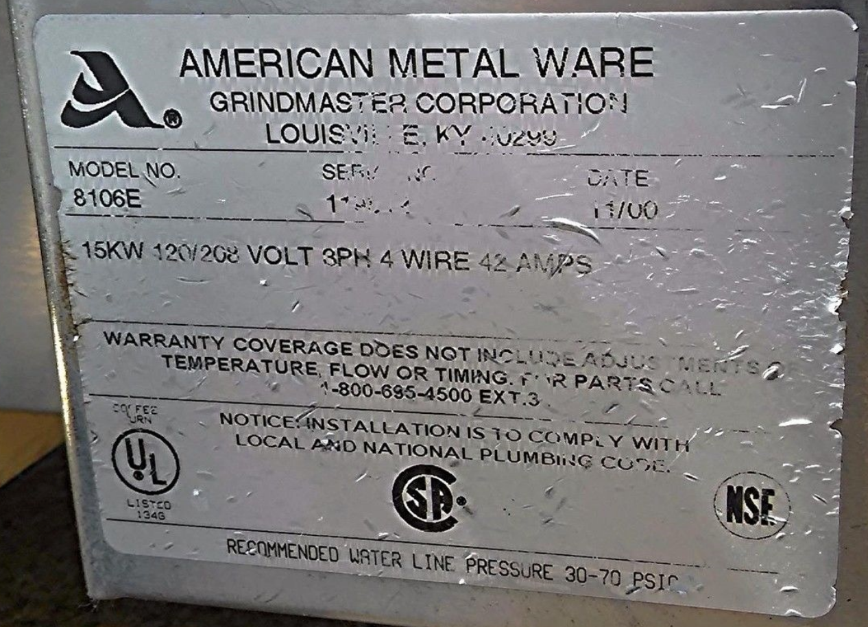 Grindmaster 8106E Twin 6Gallon Coffee Mac Urn 3PHASE BREW PERCULATOR AMERIC WARE