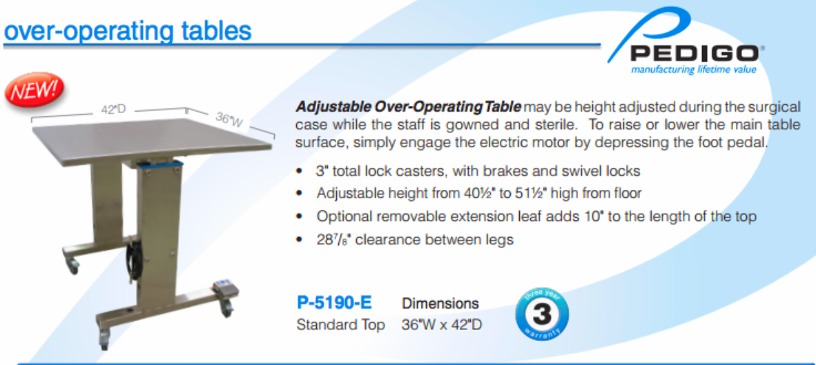PEDIGO MOTORIZED Instrument Operation Table w/Casters Height Adjustable P-5190-E